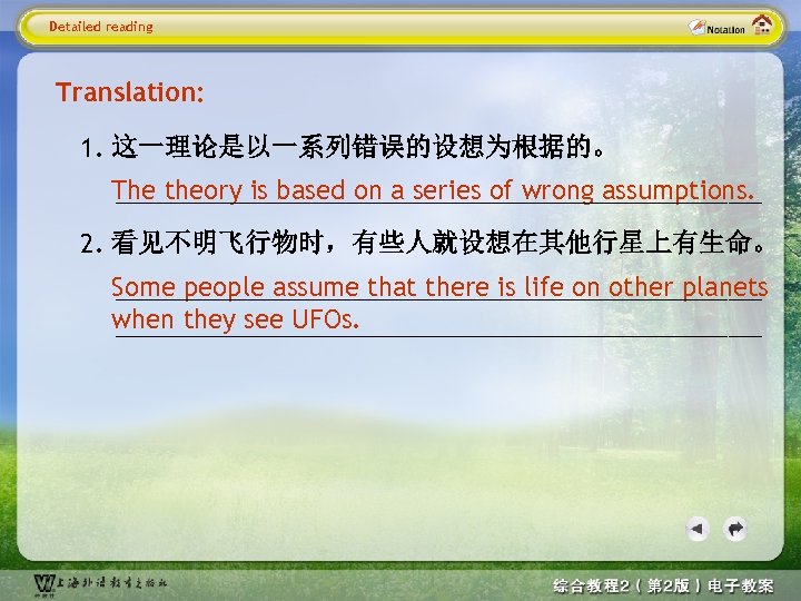 Detailed reading Translation: 1. 这一理论是以一系列错误的设想为根据的。 _____________________________ The theory is based on a series of