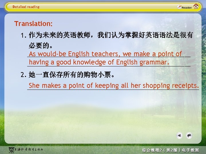 Detailed reading Translation: 1. 作为未来的英语教师，我们认为掌握好英语语法是很有 必要的。 _____________________________ As would-be English teachers, we make a