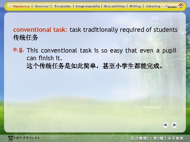 Vocabulary Grammar Translation Integrated skills Oral activities Writing Listening conventional task: task traditionally required