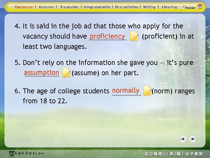 Vocabulary Grammar Translation Integrated skills Oral activities Writing Listening 4. It is said in