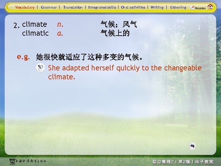 Vocabulary Grammar 2. climate climatic Translation n. a. Integrated skills Oral activities Writing Listening