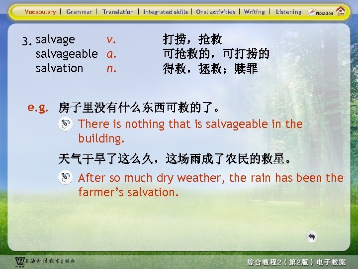 Vocabulary Grammar Translation v. 3. salvageable a. salvation n. Integrated skills Oral activities Writing