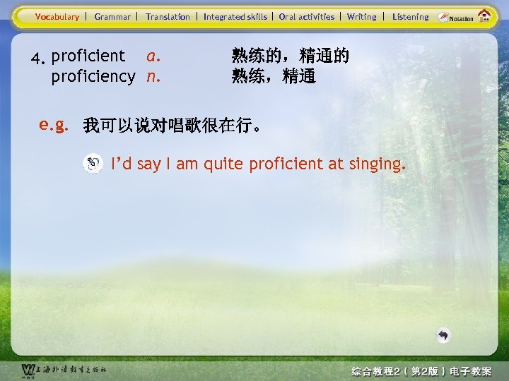 Vocabulary Grammar Translation 4. proficient a. proficiency n. Integrated skills Oral activities Writing Listening