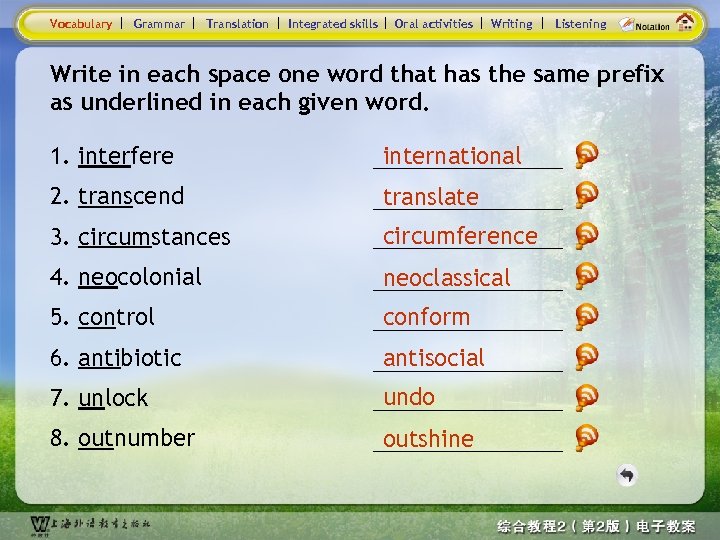 Vocabulary Grammar Translation Integrated skills Oral activities Writing Listening Write in each space one