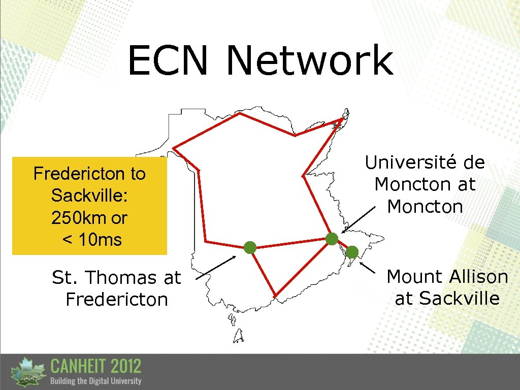 ECN Network Fredericton to Sackville: 250 km or < 10 ms St. Thomas at