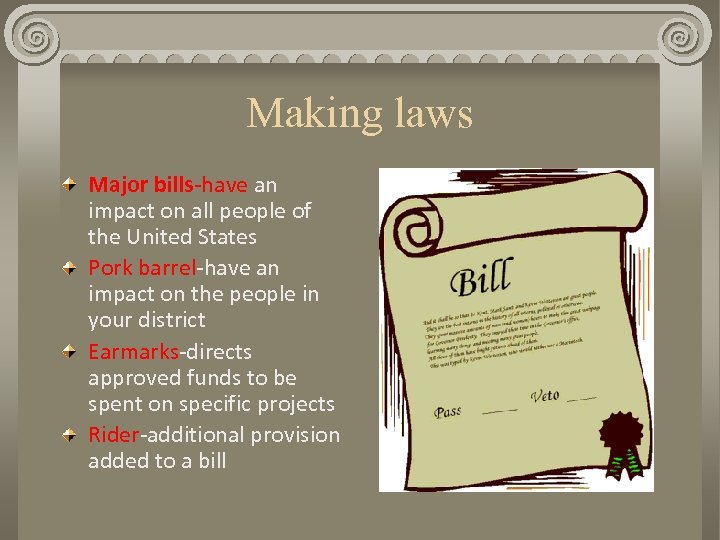 Making laws Major bills-have an impact on all people of the United States Pork