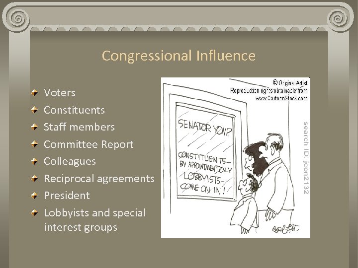 Congressional Influence Voters Constituents Staff members Committee Report Colleagues Reciprocal agreements President Lobbyists and