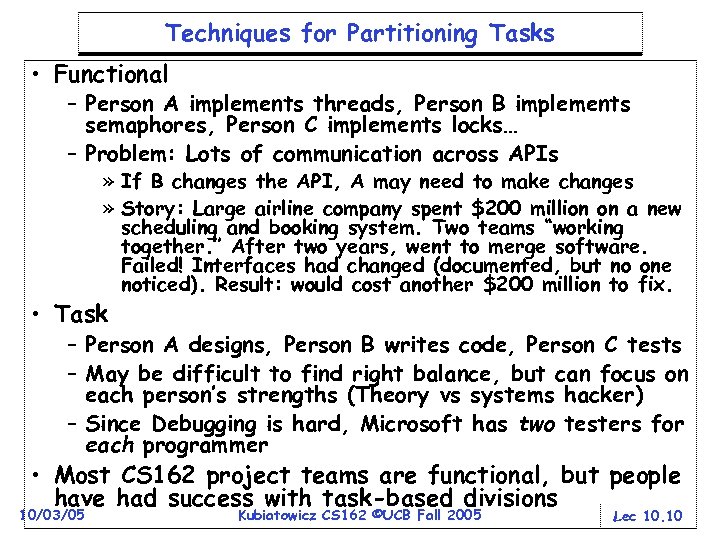 Techniques for Partitioning Tasks • Functional – Person A implements threads, Person B implements