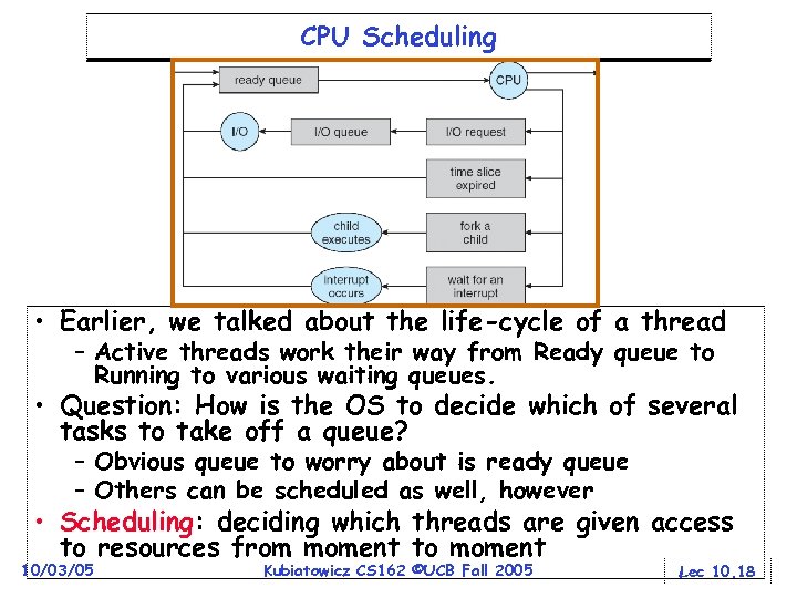 CPU Scheduling • Earlier, we talked about the life-cycle of a thread – Active