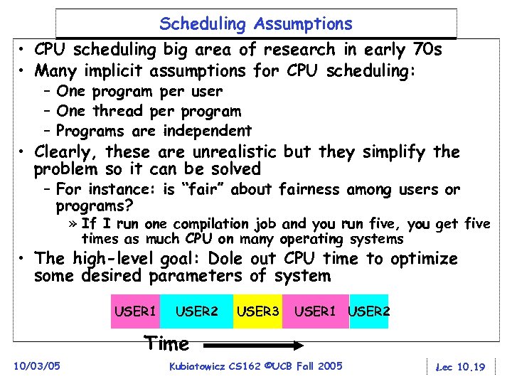 Scheduling Assumptions • CPU scheduling big area of research in early 70 s •