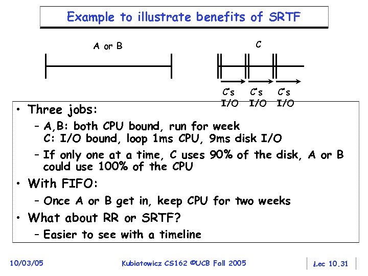 Example to illustrate benefits of SRTF C A or B C’s I/O • Three