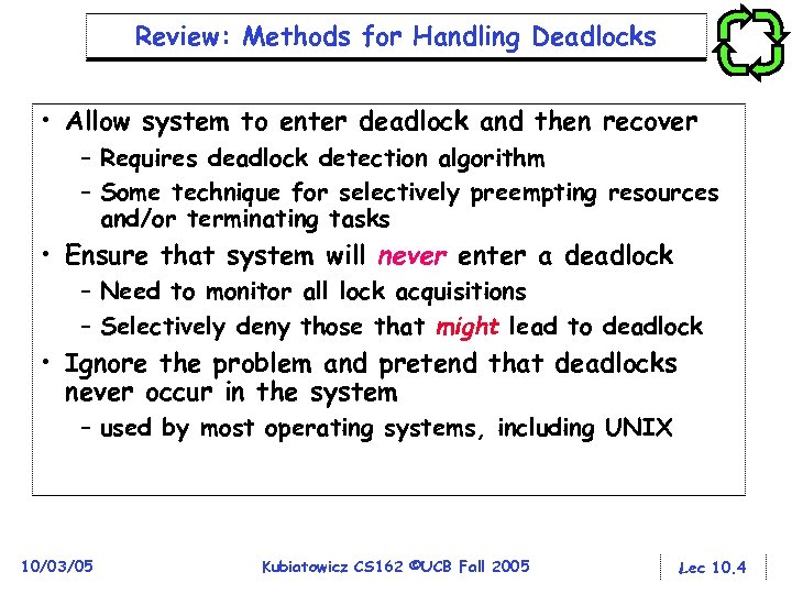 Review: Methods for Handling Deadlocks • Allow system to enter deadlock and then recover