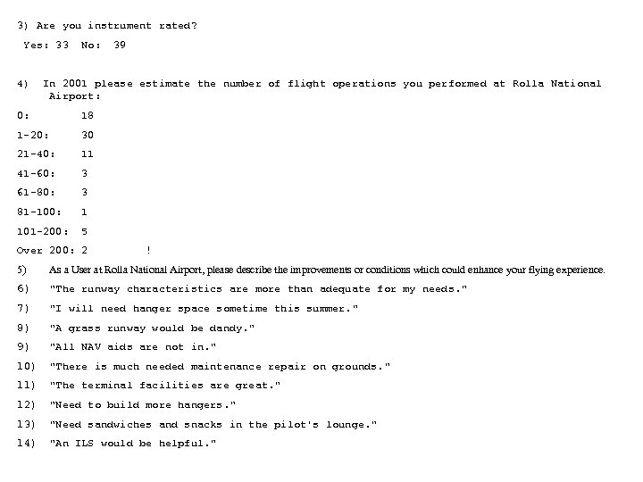 3) Are you instrument rated? Yes: 33 No: 39 4) In 2001 please estimate