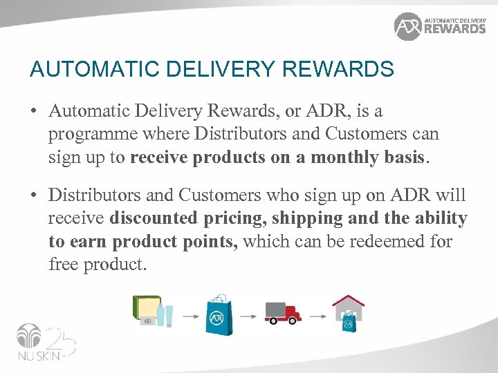 AUTOMATIC DELIVERY REWARDS • Automatic Delivery Rewards, or ADR, is a programme where Distributors