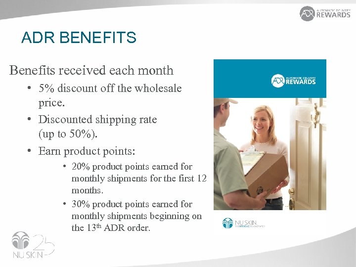 ADR BENEFITS Benefits received each month • 5% discount off the wholesale price. •
