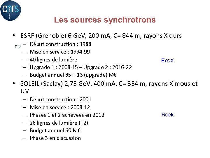 Les sources synchrotrons • ESRF (Grenoble) 6 Ge. V, 200 m. A, C= 844