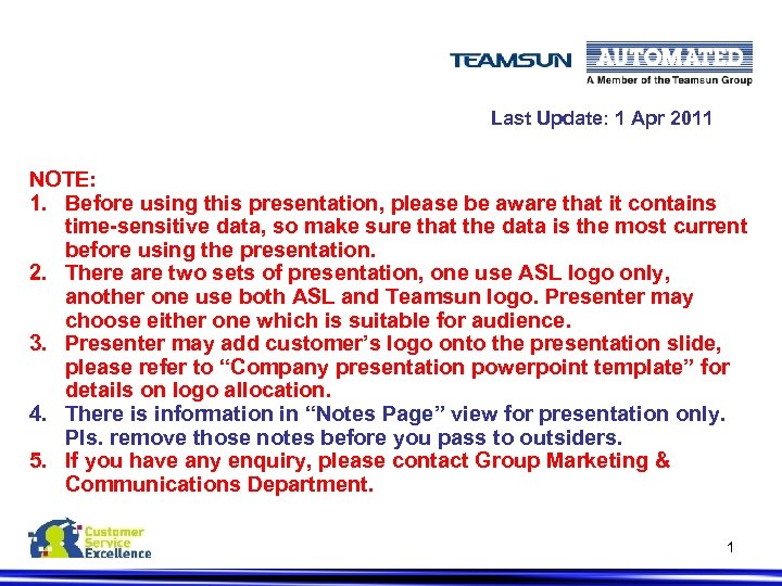 Last Update: 1 Apr 2011 NOTE: 1. Before using this presentation, please be aware