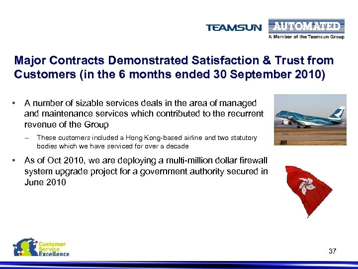 Major Contracts Demonstrated Satisfaction & Trust from Customers (in the 6 months ended 30