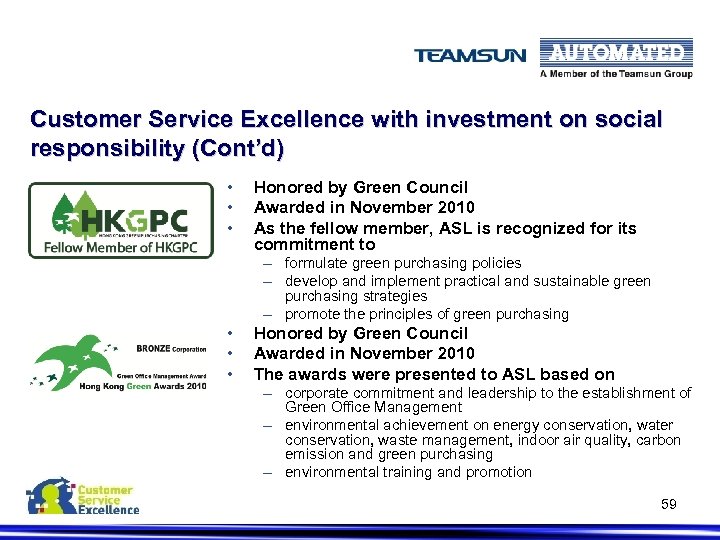Customer Service Excellence with investment on social responsibility (Cont’d) • • • Honored by