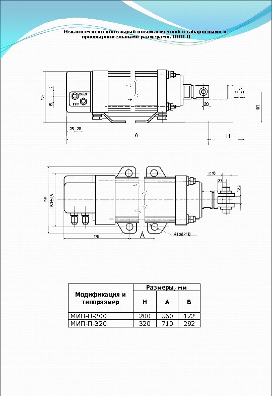 Механизм исполнительный пневматический с габаритными и присоединительными размерами. МИП-П Модификация и типоразмер МИП-П-200 МИП-П-320