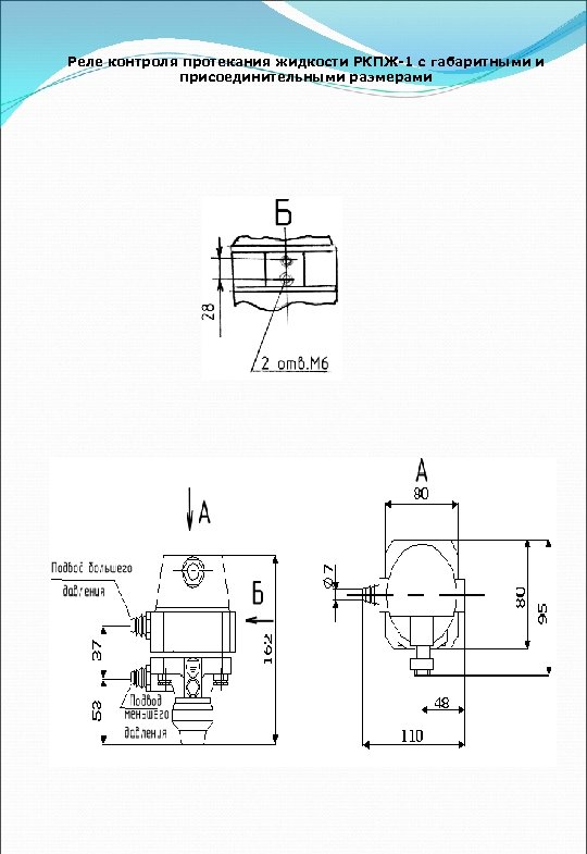 Реле контроля протекания жидкости РКПЖ-1 с габаритными и присоединительными размерами 