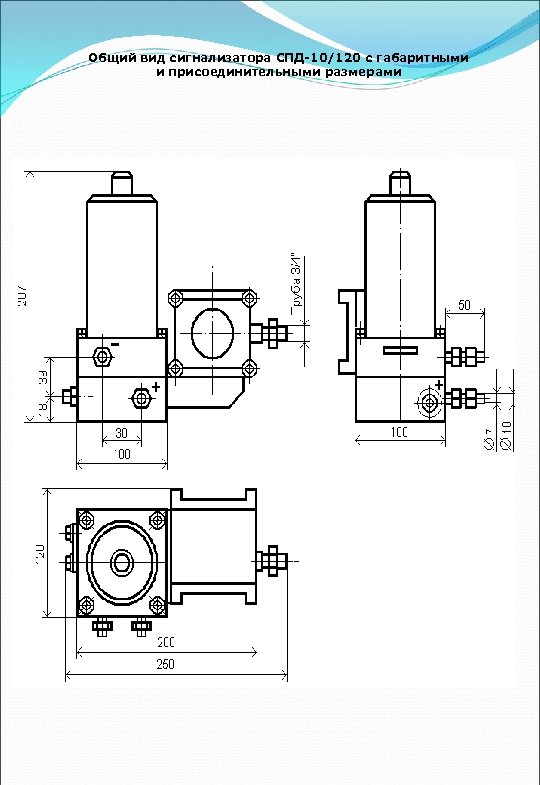 Общий вид сигнализатора СПД-10/120 с габаритными и присоединительными размерами 