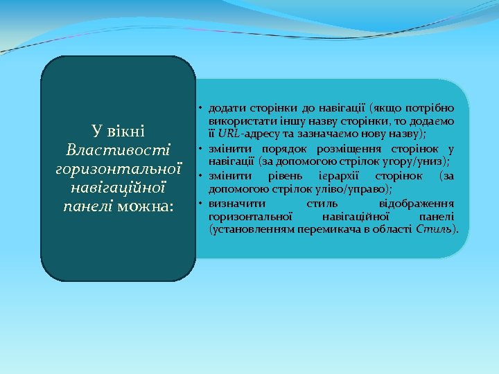 У вікні Властивості горизонтальної навігаційної панелі можна: • додати сторінки до навігації (якщо потрібно