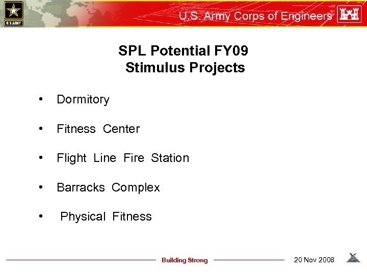 SPL Potential FY 09 Stimulus Projects • Dormitory • Fitness Center • Flight Line