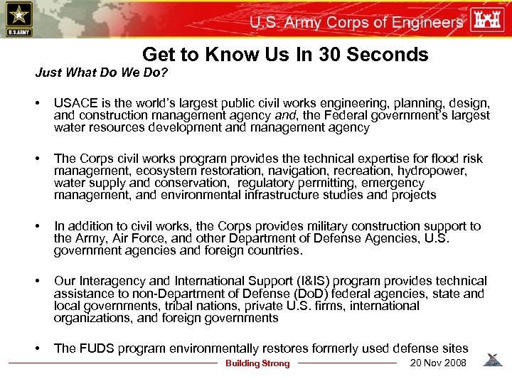 Get to Know Us In 30 Seconds Just What Do We Do? • USACE