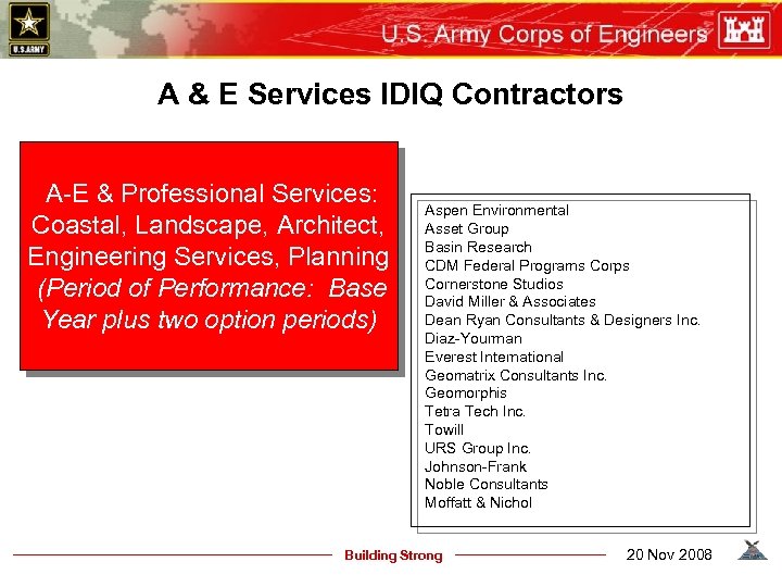 A & E Services IDIQ Contractors A-E & Professional Services: Coastal, Landscape, Architect, Engineering