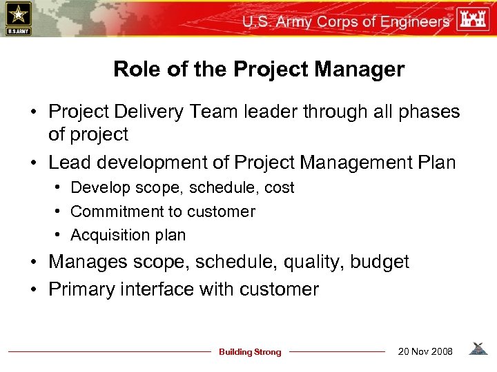 Role of the Project Manager • Project Delivery Team leader through all phases of