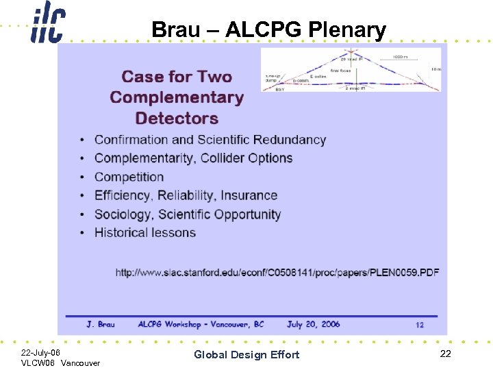 Brau – ALCPG Plenary 22 -July-06 VLCW 06 Vancouver Global Design Effort 22 