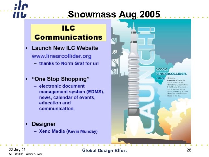 Snowmass Aug 2005 22 -July-06 VLCW 06 Vancouver Global Design Effort 28 