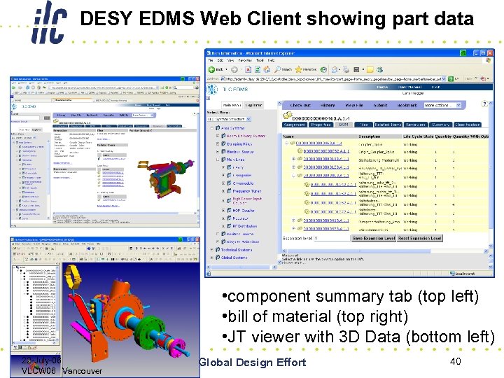 DESY EDMS Web Client showing part data • component summary tab (top left) •