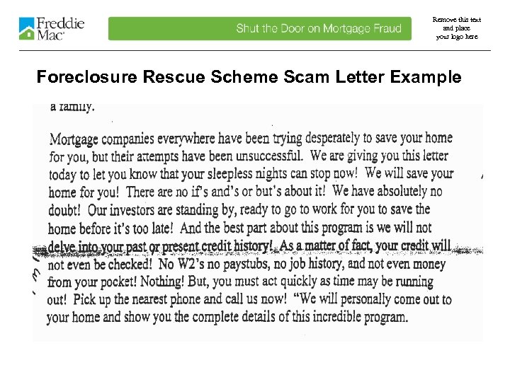 Remove this text and place your logo here Foreclosure Rescue Scheme Scam Letter Example