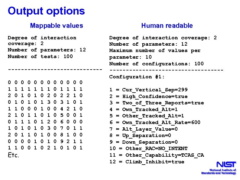 Output options Mappable values Degree of coverage: Number of interaction 2 parameters: 12 tests: