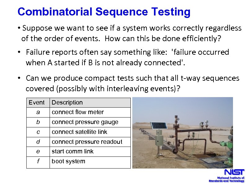 Combinatorial Sequence Testing • Suppose we want to see if a system works correctly