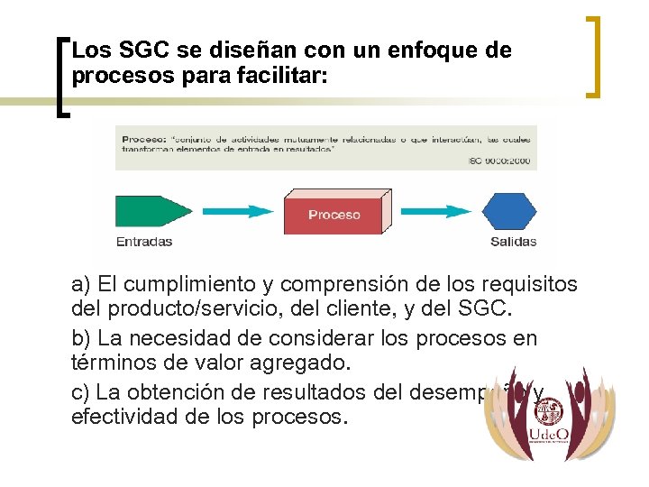 Los SGC se diseñan con un enfoque de procesos para facilitar: a) El cumplimiento
