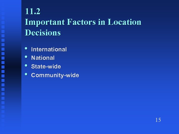 11. 2 Important Factors in Location Decisions • • International National State-wide Community-wide 15