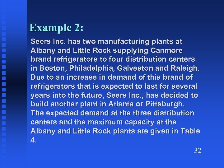 Example 2: Seers Inc. has two manufacturing plants at Albany and Little Rock supplying