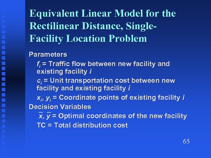 Equivalent Linear Model for the Rectilinear Distance, Single. Facility Location Problem Parameters fi =