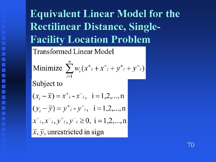 Equivalent Linear Model for the Rectilinear Distance, Single. Facility Location Problem 70 