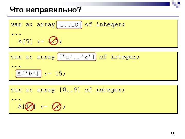 Что неправильно? var a: array[10. . 1] of integer; [1. . 10]. . .