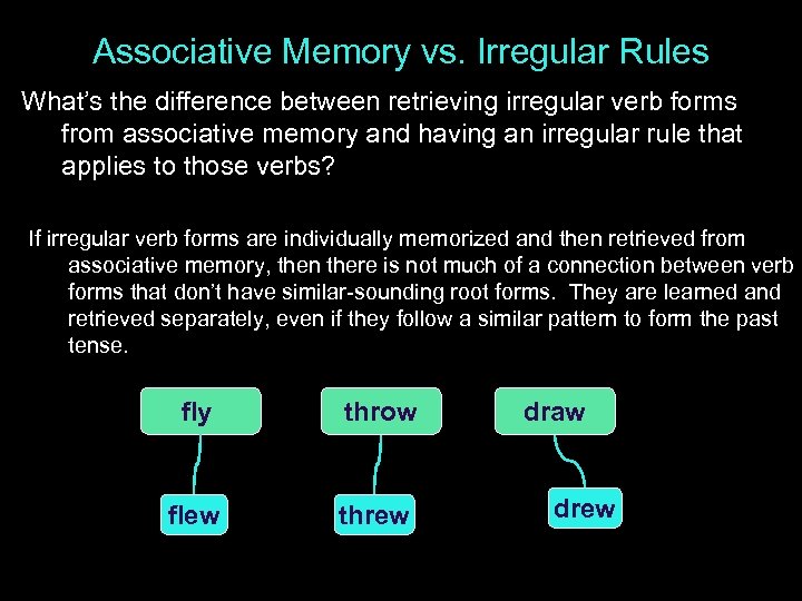 Associative Memory vs. Irregular Rules What’s the difference between retrieving irregular verb forms from