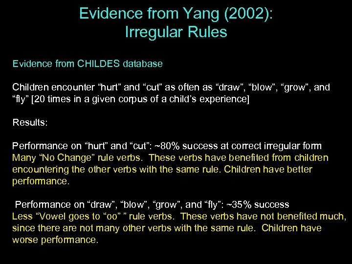 Evidence from Yang (2002): Irregular Rules Evidence from CHILDES database Children encounter “hurt” and