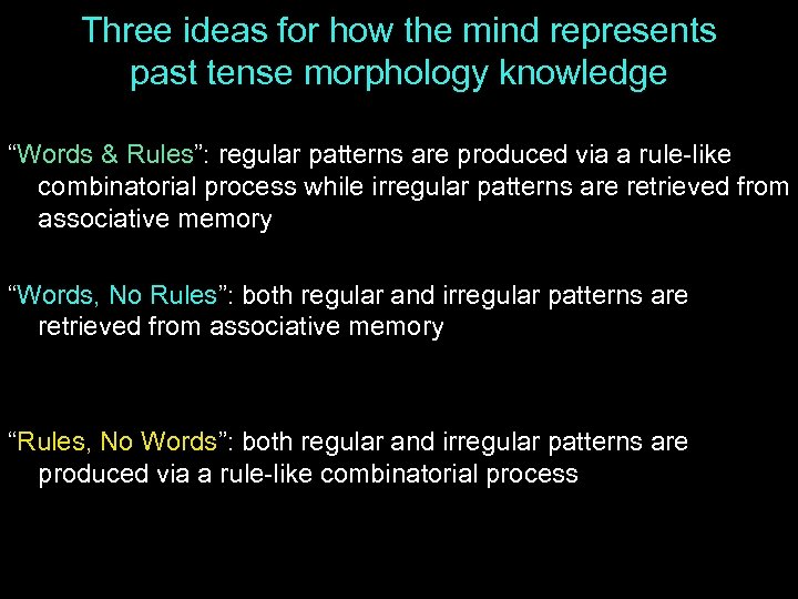 Three ideas for how the mind represents past tense morphology knowledge “Words & Rules”: