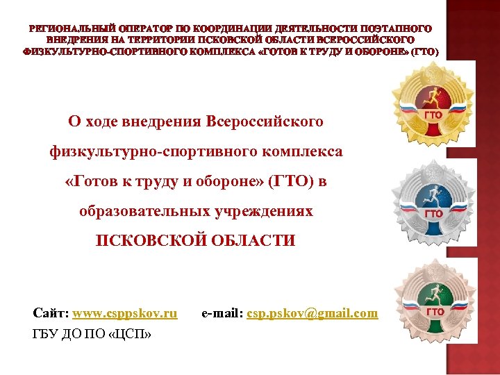 РЕГИОНАЛЬНЫЙ ОПЕРАТОР ПО КООРДИНАЦИИ ДЕЯТЕЛЬНОСТИ ПОЭТАПНОГО ВНЕДРЕНИЯ НА ТЕРРИТОРИИ ПСКОВСКОЙ ОБЛАСТИ ВСЕРОССИЙСКОГО ФИЗКУЛЬТУРНО-СПОРТИВНОГО КОМПЛЕКСА