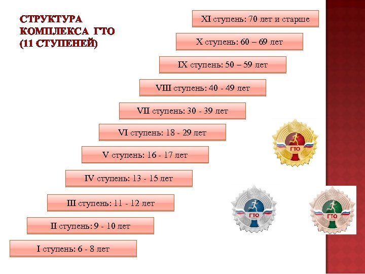 СТРУКТУРА КОМПЛЕКСА ГТО (11 СТУПЕНЕЙ) XI ступень: 70 лет и старше X ступень: 60