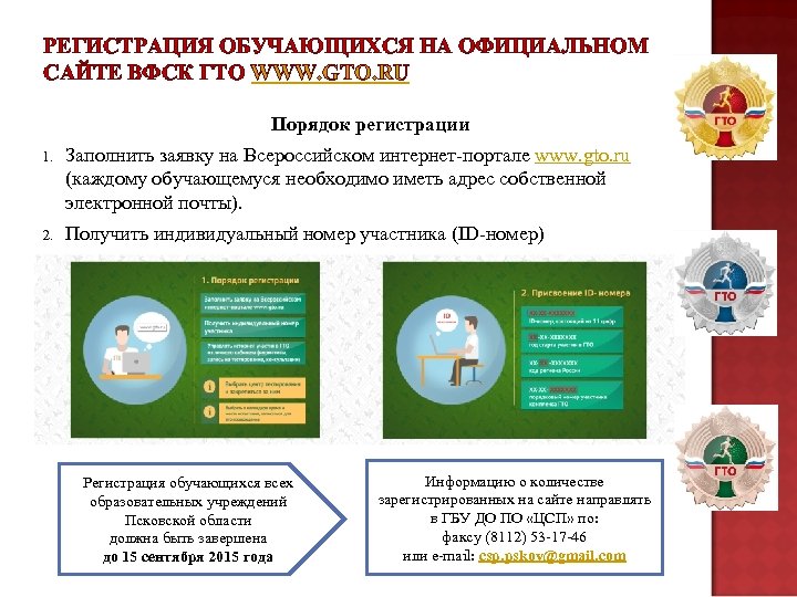 РЕГИСТРАЦИЯ ОБУЧАЮЩИХСЯ НА ОФИЦИАЛЬНОМ САЙТЕ ВФСК ГТО WWW. GTO. RU Порядок регистрации 1. Заполнить