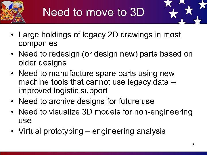 Need to move to 3 D • Large holdings of legacy 2 D drawings